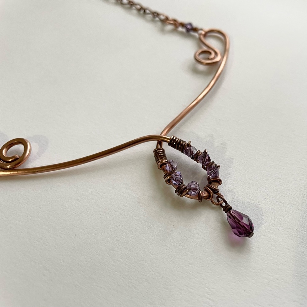 Copper Scroll Necklace Beaded Plum and Lilac Crystals Elegant Rustic‎ Handmade - Picture 6 of 14